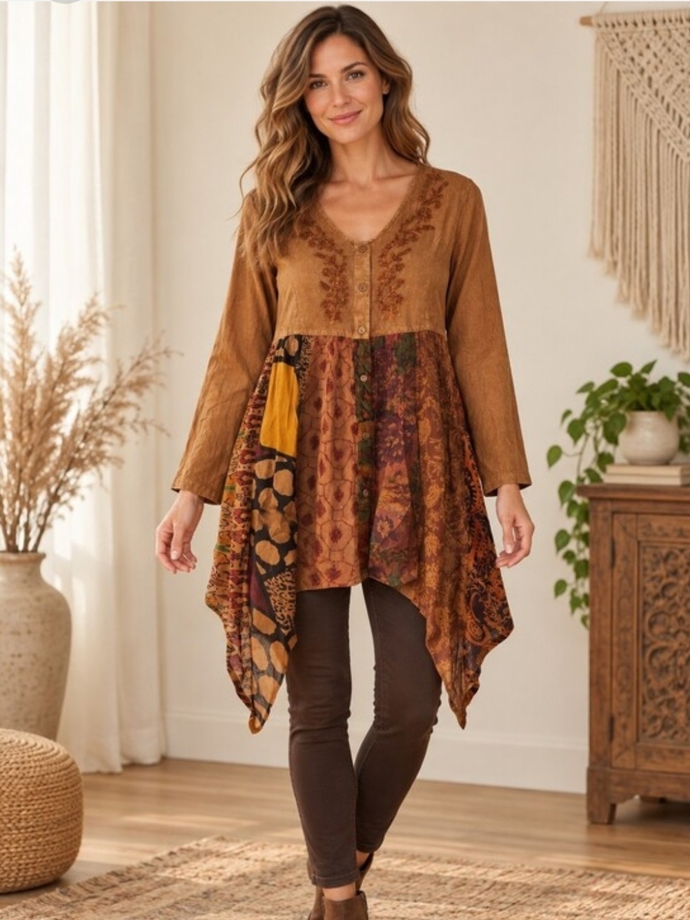 Young Threads Boho Patchwork Asymmetrical Hem Tunic Top in Rust Brown